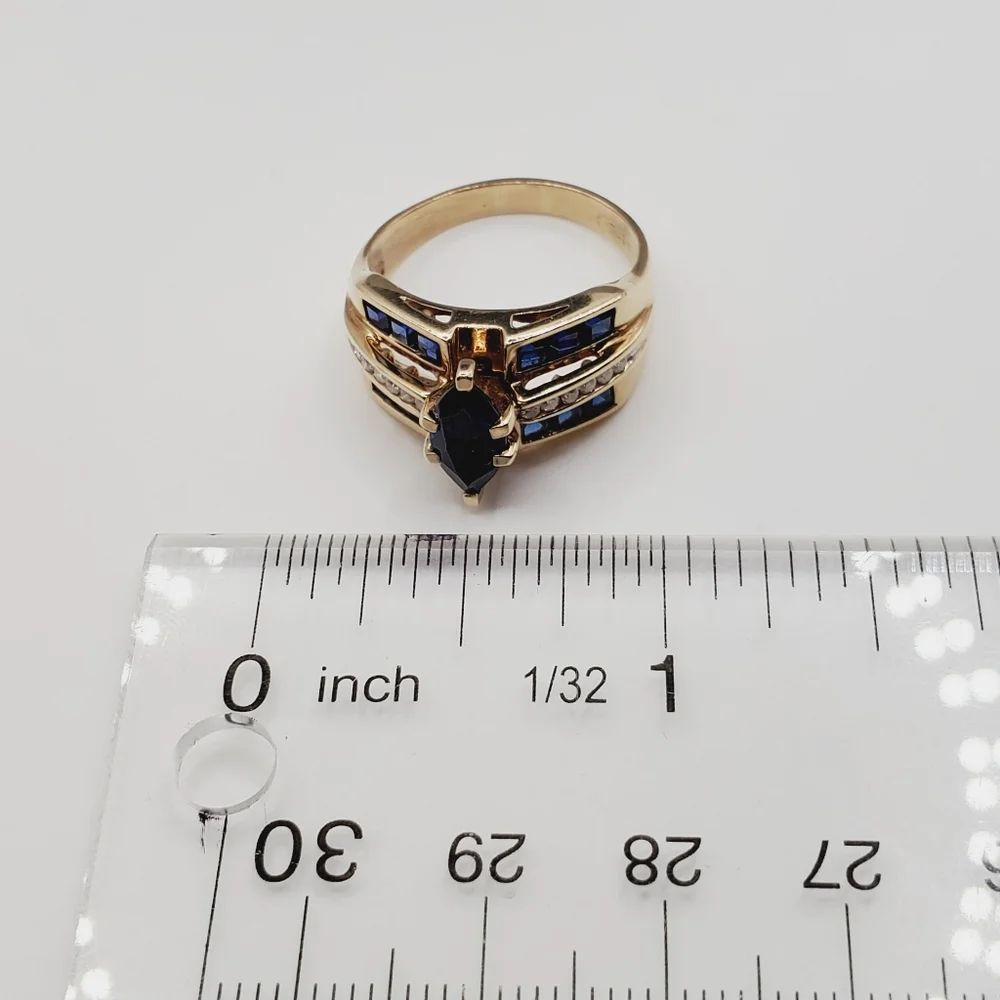 10k Solid Yellow Gold Genuine Marquise Blue Sapphire & Diamond Statement Ring